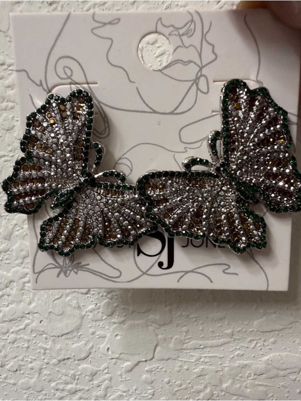 Sassy Jones Multicolored Crystal Butterfly Earrings - Green & Gold Accents - Picture 2 of 2